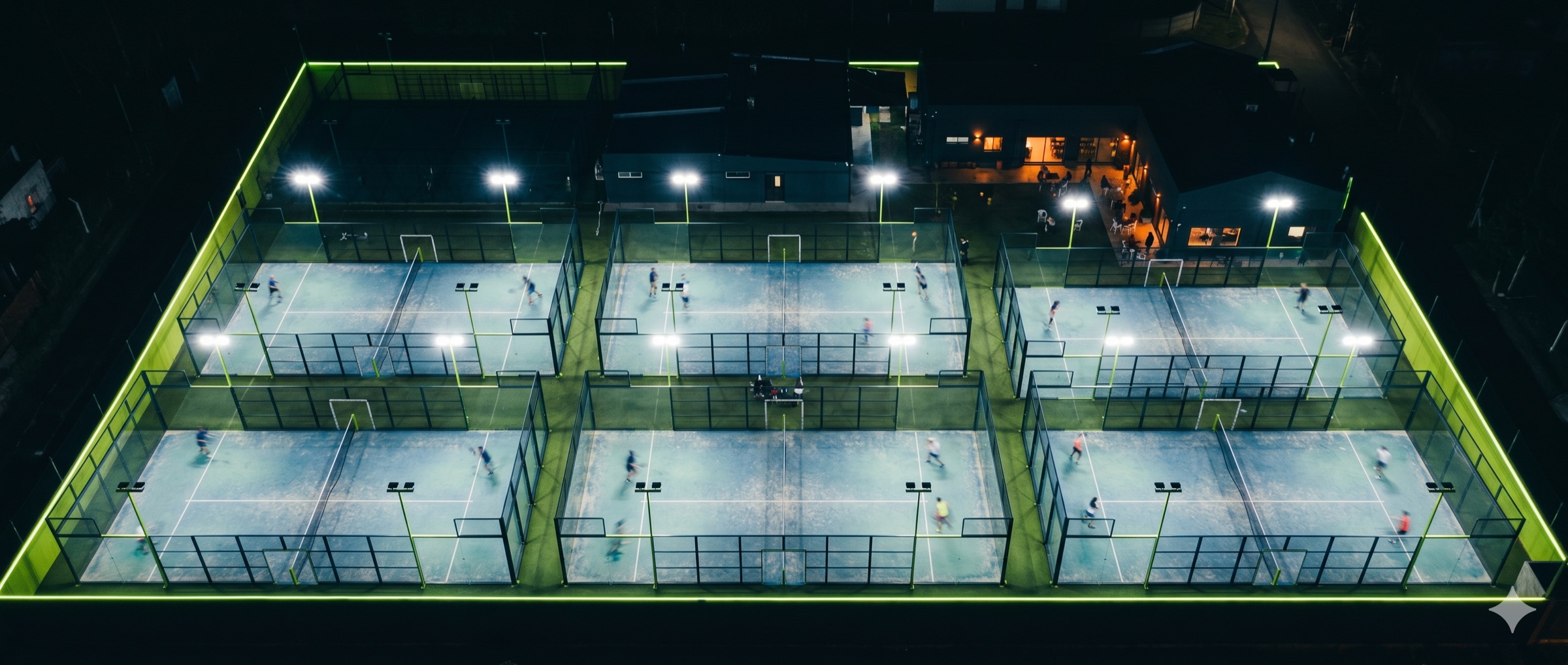 Canchas de pádel al aire libre con bordes verde lima de noche